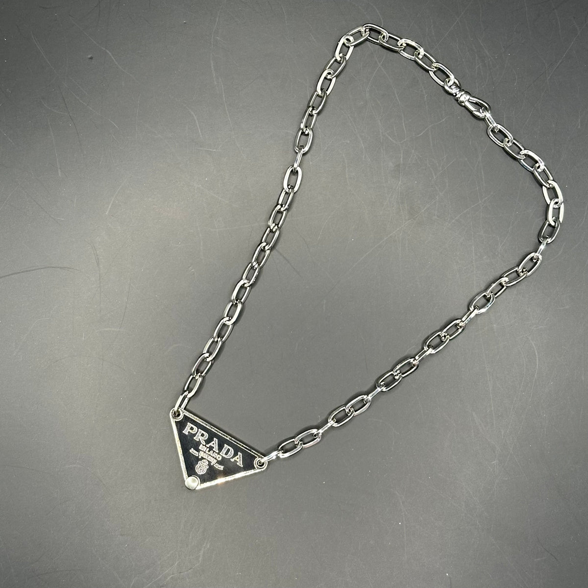 White Prada Triangle Tag store Reworked Bag Tag on Silver Box Chain Necklace