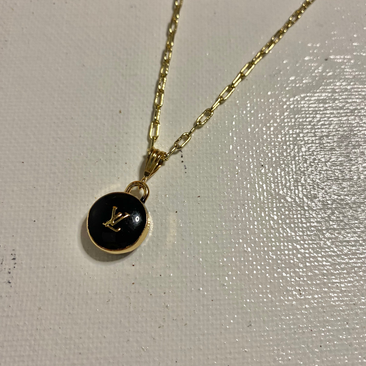 Black LV Button Necklace - Gold Filled Rope Chain