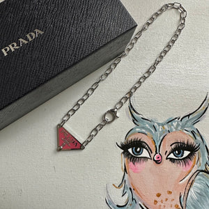 Prada Bag Tag Necklace - Pink/Silver on Silver Chain