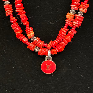 Red LV Pendant on Red Coral Beaded Necklace