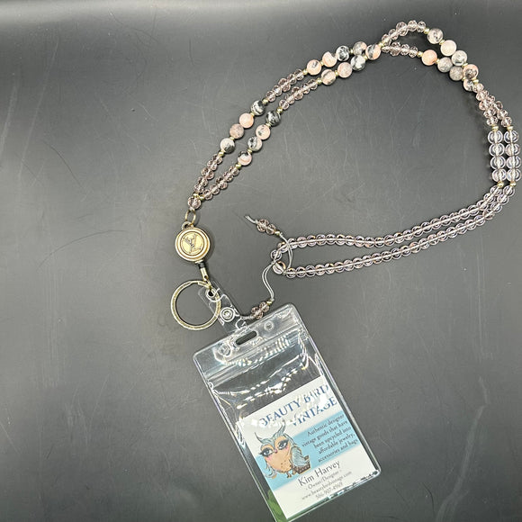 Upcycled LV Button Lanyard/Badge Holder in Pink Zebra Stone
