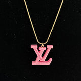 Pink Resin LV Pendant Necklace on Gold-Filled Chain