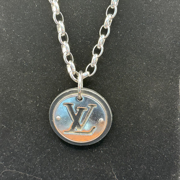 Upcycled LV Black/Silver Charm Necklace on White Gold Filled Chain