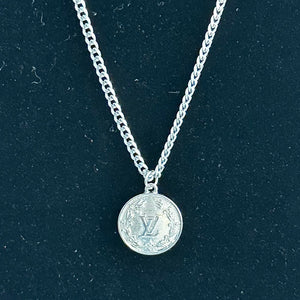 Round Silver LV Pendant Necklace on White-Gold-Filled Cuban Chain