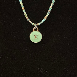 Green LV Pendant on Turquoise Beaded Necklace