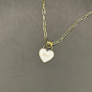 White Dior Heart Zipper Pull on Gold-Filled Paperclip Chain Necklace