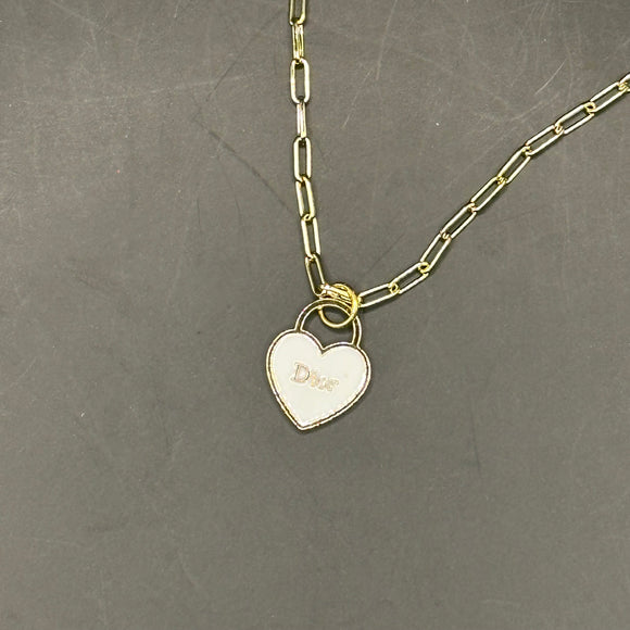 White Dior Heart Zipper Pull on Gold-Filled Paperclip Chain Necklace