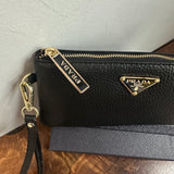 Black Leather Wristlet Bag - w/Upcycled Prada Tag