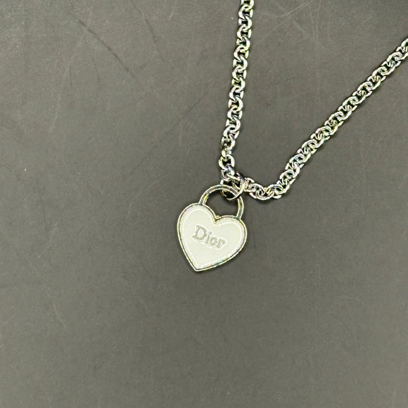 White Dior Heart Zipper Pull on White Gold-Filled Link Necklace