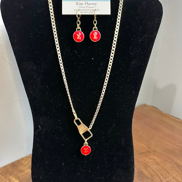 Upcycled LV Necklace/Earring Set in Red