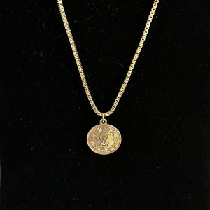 Round Gold LV Pendant Necklace on Gold-Filled Box Chain