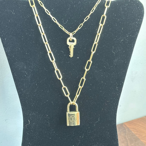 Key to My Heart - Brass LV Padlock & Key - Double Layer Necklace