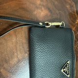 Black Leather Wristlet Bag - w/Upcycled Prada Tag