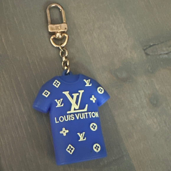 Upcycled LV Shirt Bag Charm in Blue/Yellow