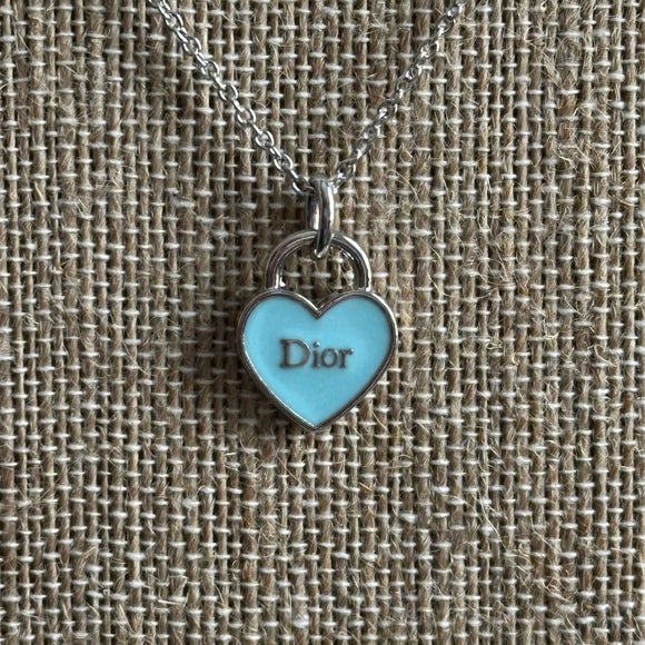 Upcycled Baby Blue Dior Heart Zipper Pull on White Gold-Filled Chain Necklace