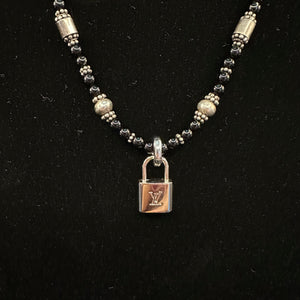 LV Lock Pendant on Black Jet Beaded Necklace