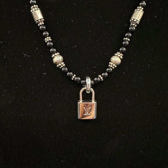 LV Lock Pendant on Black Jet Beaded Necklace