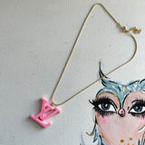 Pink Resin LV Pendant Necklace on Gold-Filled Chain