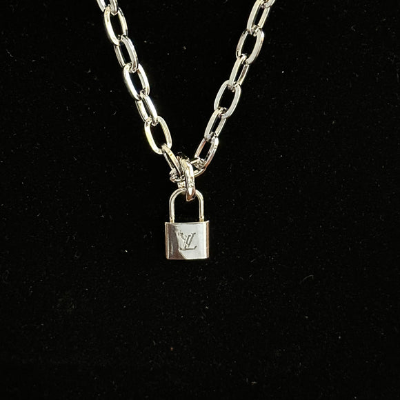 LV Lock Charm on White-Gold-Filled Paperclip Chain