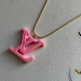 Pink Resin LV Pendant Necklace on Gold-Filled Chain