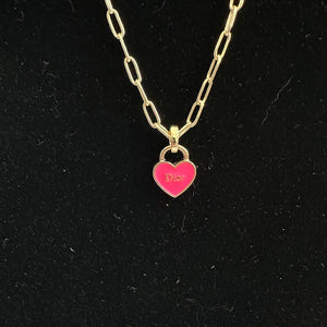 Hot Pink Dior Heart Zipper Pull Necklace with Gold-Filled Paperclip Chain