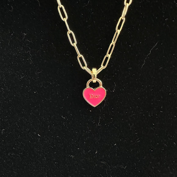 Hot Pink Dior Heart Zipper Pull Necklace with Gold-Filled Paperclip Chain