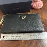 Black Leather Wristlet Bag - w/Upcycled Prada Tag