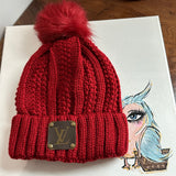 Upcycled LV Patch on Wine Colored Pom Beanie Hat