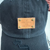 Black Distressed Hat with LV Leather Patch (GREAT FOR MEN!)