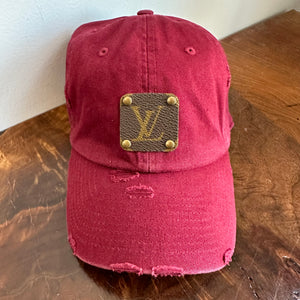 Upcycled LV Patch on Distressed Wine Hat