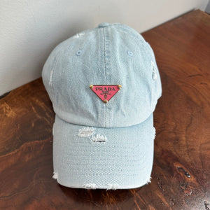 Upcycled Pink/Gold Prada Tag Hat in Light Denim