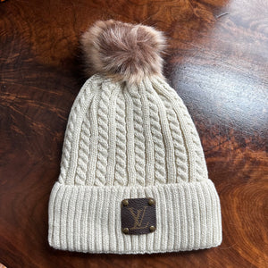 Pom-Pom Beanie Hat - Upcycled LV Patch in Monogram