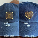 Dark Denim Distressed Hat - with Upcycled LV Patch