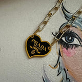 Prada Heart Bag Tag Necklace - Black/Gold on Gold-Filled Paperclip Chain