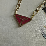 Prada Bag Tag Necklace - Pink/Gold on Gold-Filled Paperclip Chain