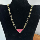 Prada Bag Tag Necklace - Pink/Gold on Gold-Filled Paperclip Chain