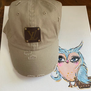 Upcycled LV Patch on Distressed Tan Hat