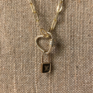 Lock Charm on Gold-Filled Paperclip Necklace with Heart Carabiner