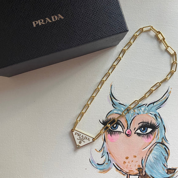 Prada Bag Tag Necklace - White/Gold on Gold-Filled Paperclip Chain