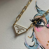 Prada Bag Tag Necklace - White/Gold on Gold-Filled Paperclip Chain