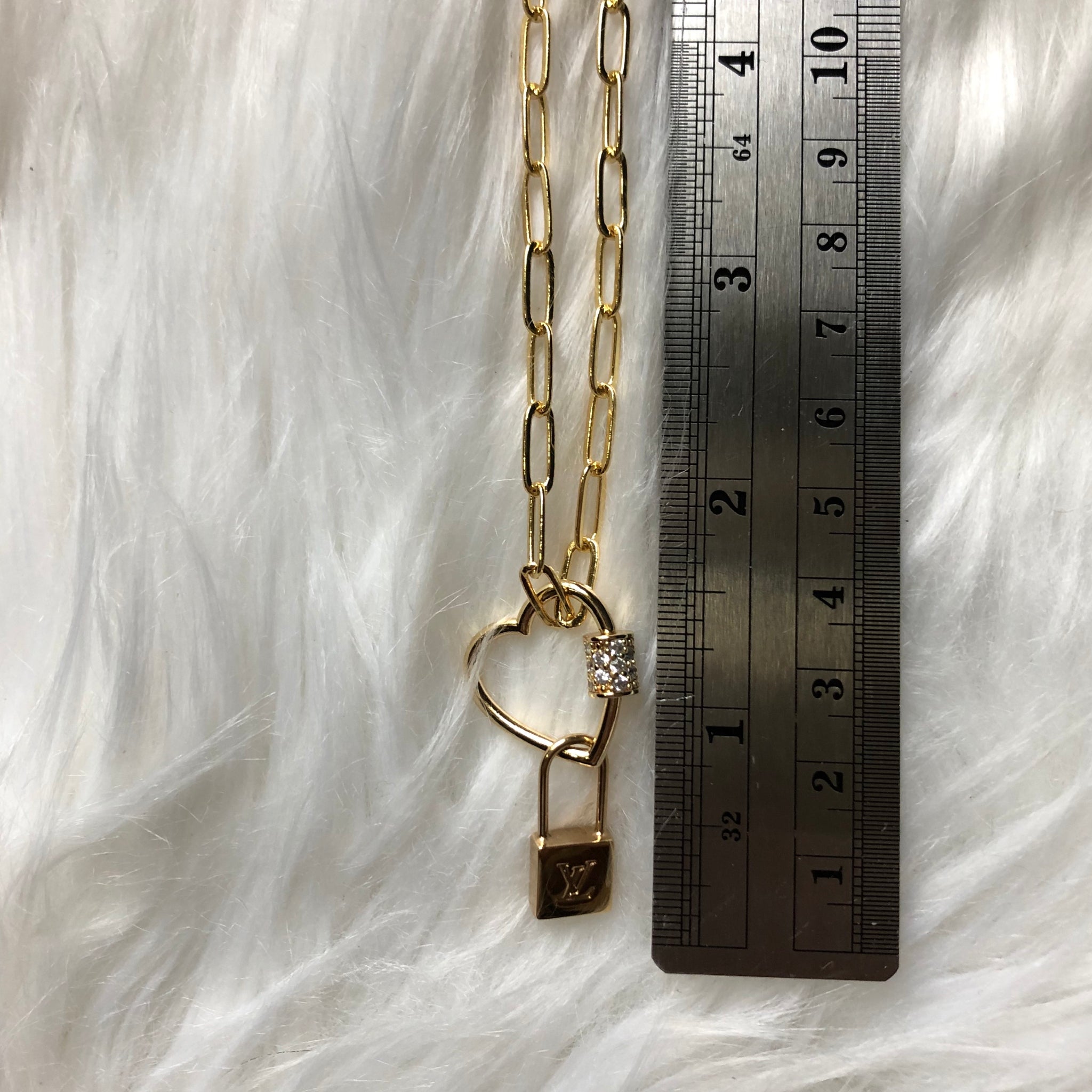 Lock Charm on Gold-Filled Paperclip Necklace with Heart Carabiner