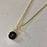 Black LV Button Necklace - Gold Filled Herringbone Chain