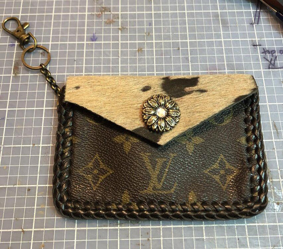 The Chickadee-Cowhide Vintage Card Holder (Monogram Front)