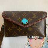 The Junco - Vintage Monogram with Turquoise Wristlet Bag