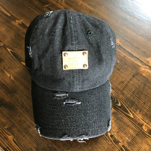 Black Distressed Hat with LV Leather Patch (GREAT FOR MEN!)