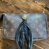 The Junco - Black Fringe Vintage Monogram Wristlet Bag