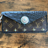The SHORT Wren - Black and Turquoise Monogram Wristlet Bag