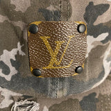 Upcycled LV Patch on Distressed Black Camo Hat