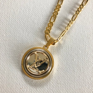 Gold/Silver LV Button Necklace - GF Herringbone Chain