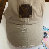 Upcycled LV Patch on Distressed Tan Hat